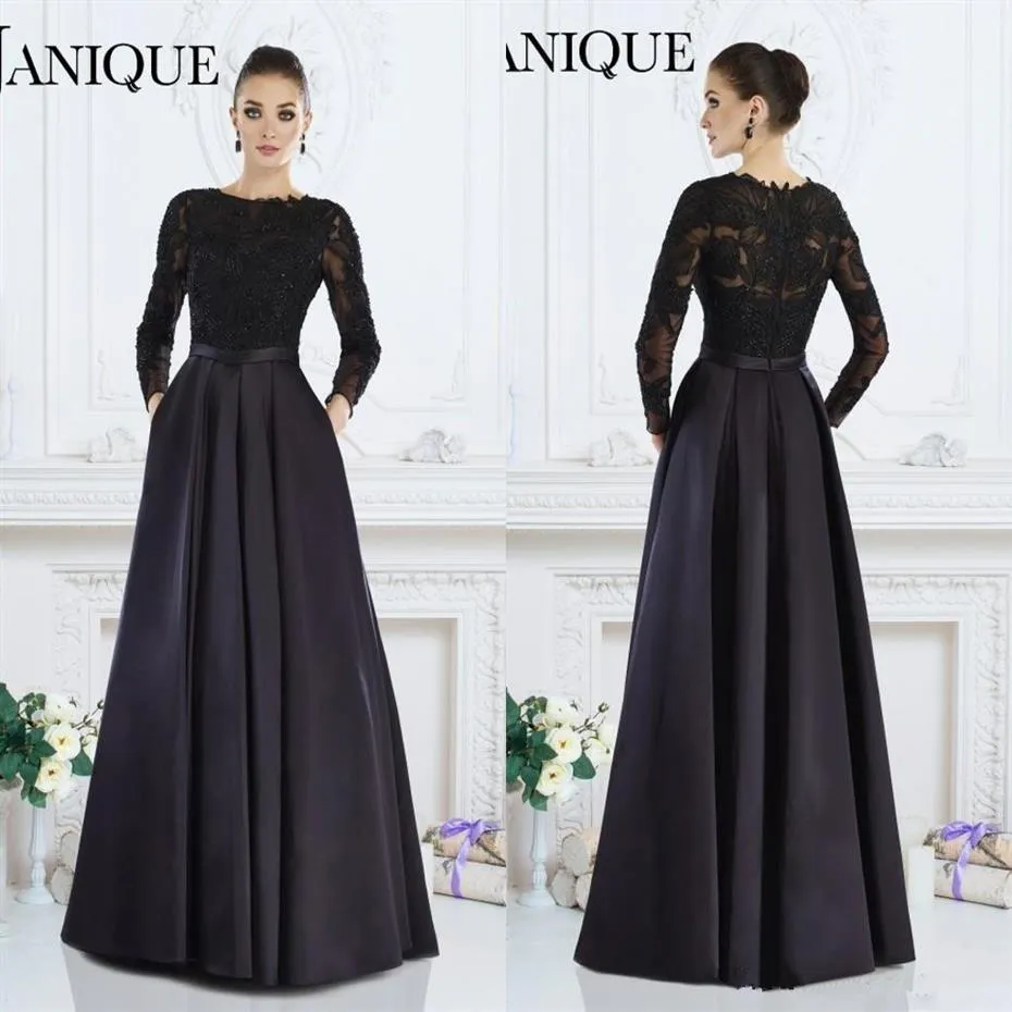 Janique Noir Manches Longues élégante Robe Formelle A-ligne Jewel Dentelle Perlée Mère De La Mariée Robes Sur Mesure Femmes Soirée Wea230A