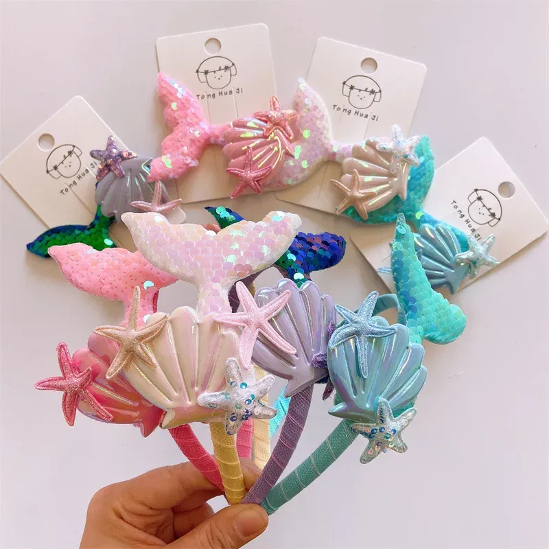 Kids Accessories Ribbon New Princess Series Laser Sequin Cartoon Mermaid Starfish Shell Childrens Band Clip Headwear Factory Direct SaleZZ