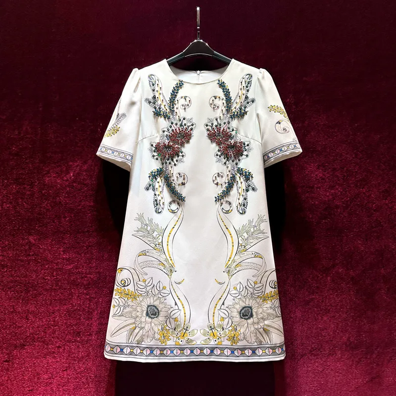 2023 Summer White Floral Print Dress Short Sleeve Round Neck Sequins Knee-Length Casual Dresses A3Q122218