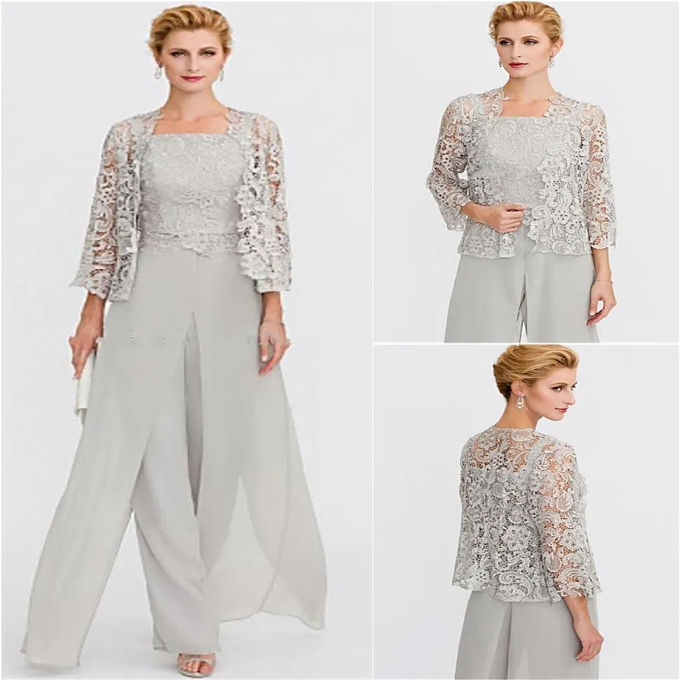 New Elegant Pant Suits Straps Long Chiffon Lace Mother Of The