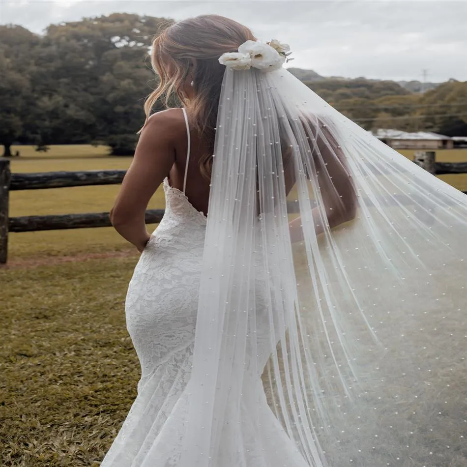 Véu de casamento luxuoso feito à mão com pérolas de 1 camada, romântico, longo, comprimento da catedral, 3 metros, tule macio para noiva, borda cortada com 270c