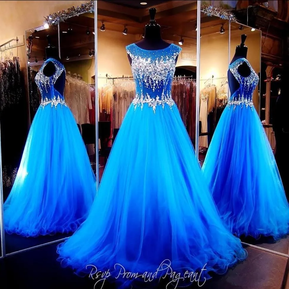 2016 Bling Sexy Evening Dresses Wear Illusion Crystal Major Beading Royal Blue Longo Oco Open Back Back Formal Vestidos Prom Part284g