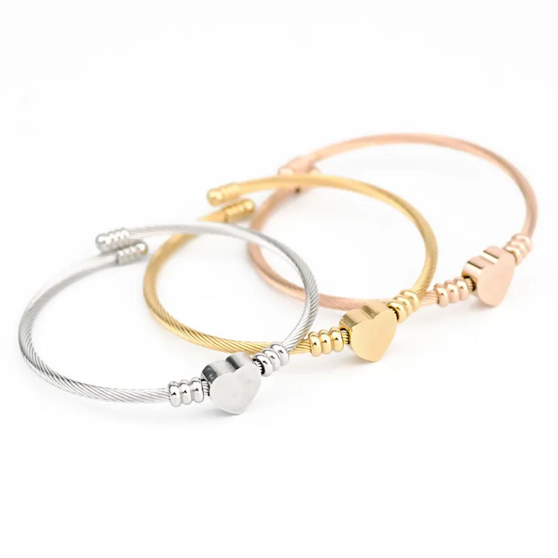 Stainless steel wire woven open heart shaped bracelet Cable titanium steel peach heart bracelet