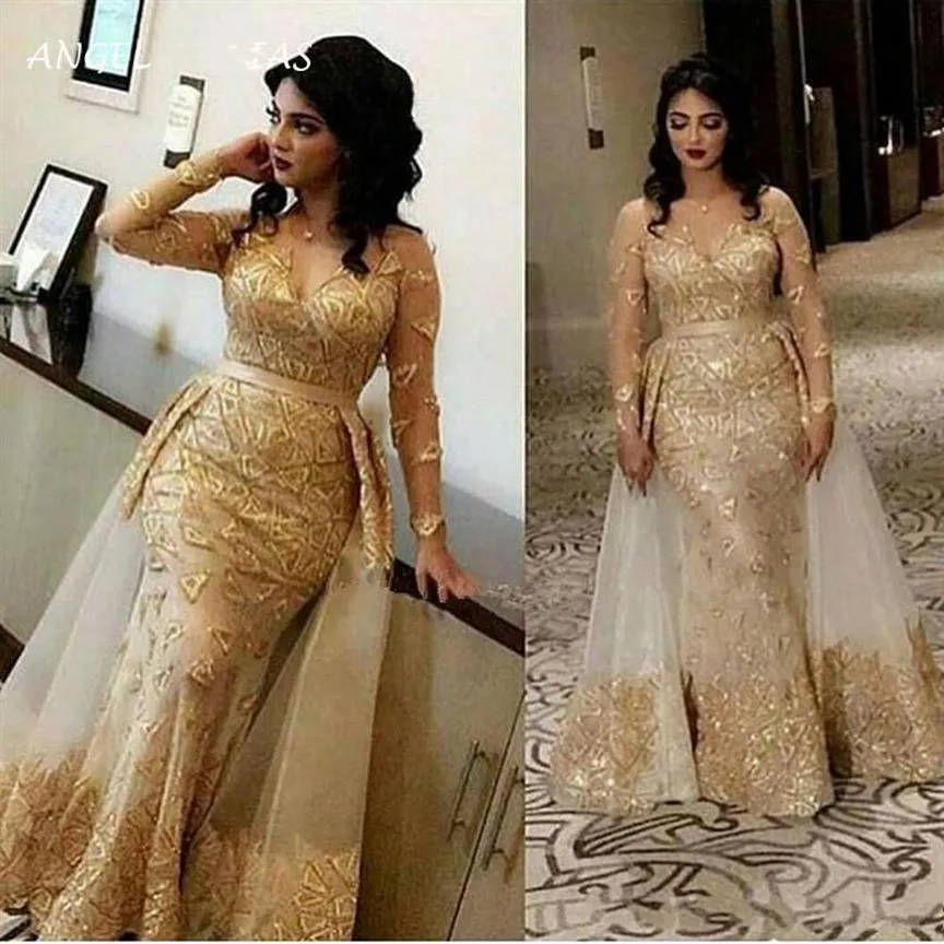 2022 Vestidos de noite Glitter Gold Transparente Árabe Mangas Compridas Renda Sereia Vestidos de Baile Decote em V Tule Aplique Sobre Saia Parte Formal230d