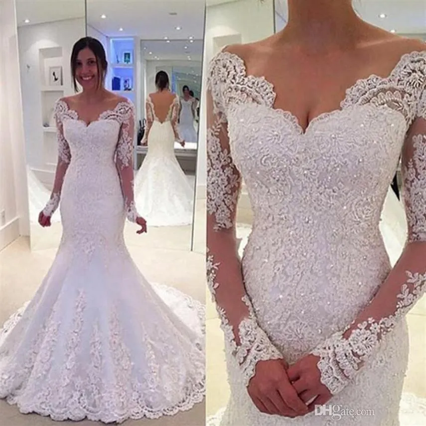 2021 New Modern Mermaid Wedding Dresses Long Sleeves V Neck White Ivory Lace Appliques Beaded Court Train Sheer Back Custom Bridal200r