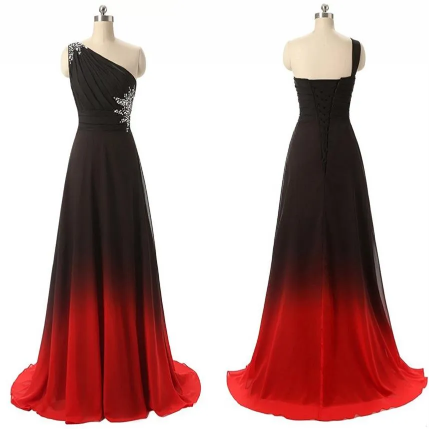 Sexy Black Red Omre Gradiant One shoulder Evening Prom Dress Real Pos Crystal Chiffon Backless Party Formal Gowns Pageant Dress267u