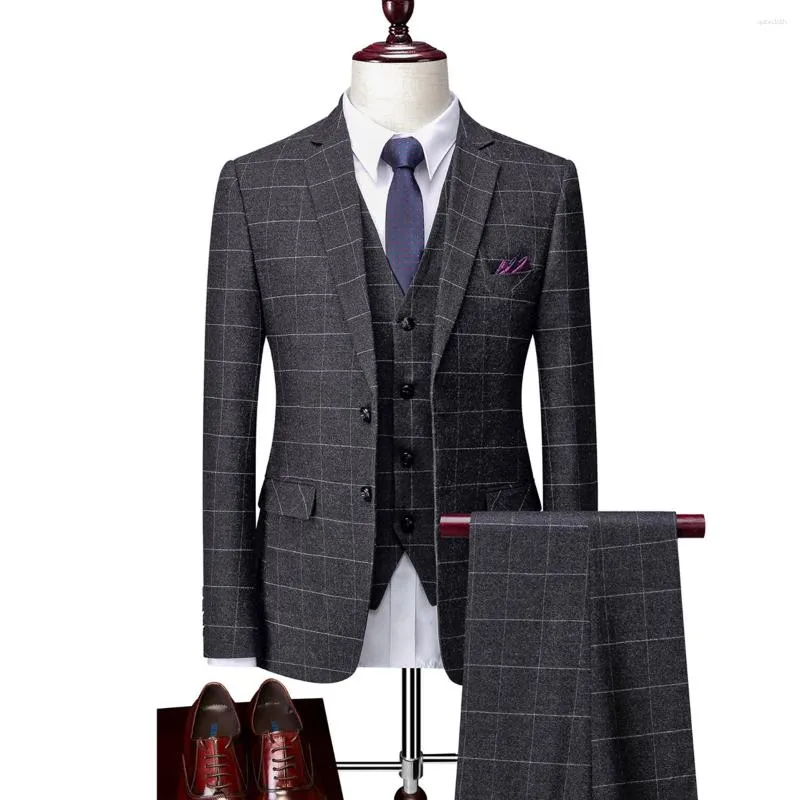 Men's Suits Suit Coat Pants Vest 3 Pcs Set / 2023 Fashion Casual Boutique Business British Style Plaid Trousers Waistcoat