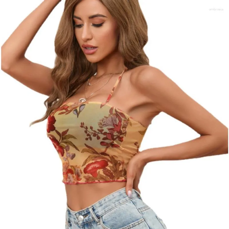 Débardeurs femme T-shirt 2023 Y2K Mesh Sheer Floral E-girl 90s Vintage Halter Tops Femmes Sans Manches Slim Fit Crop Top Streetwear