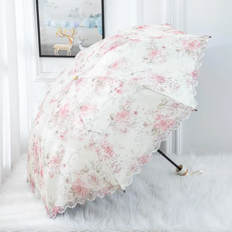 Parasol mody retro podwójnie warstwy koronkowy haft haftowa księżniczka Outdoor Portable Składany krem ​​przeciwsłoneczny ochrona UV Słonecznie