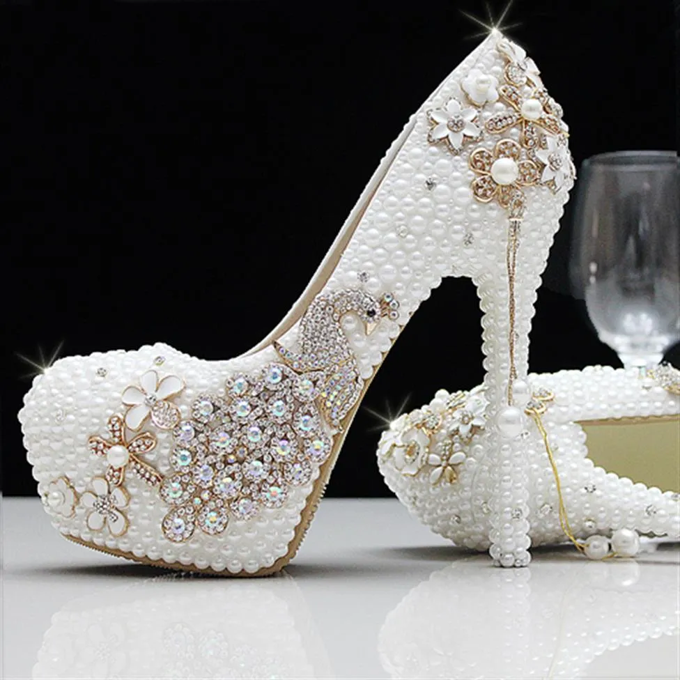 Moda di lusso perle cristalli strass bianco avorio scarpe da sposa taglia 12 cm tacchi alti scarpe da sposa festa da ballo scarpe da donna303v