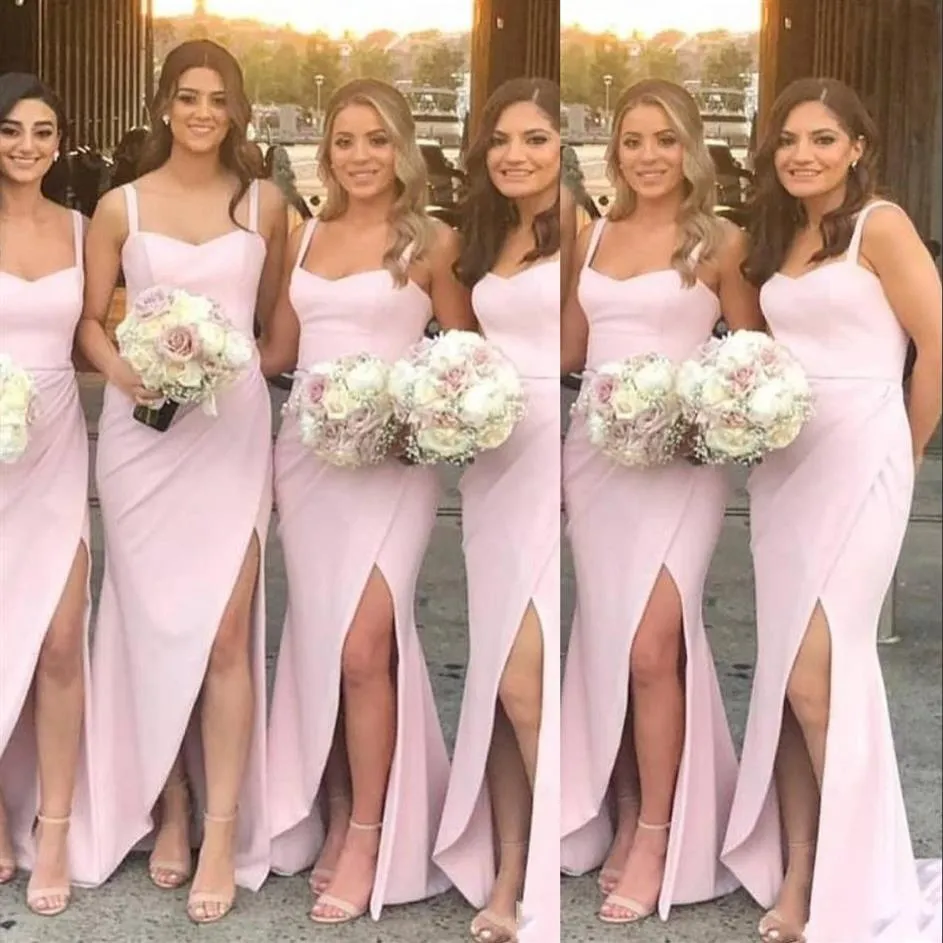 2021 Sexy Arabic Blush Pink Bridesmaid Dresses Spaghetti Straps Sleeveless Side Split Wedding Guest Floor Length Maid Of Honor Dre2986
