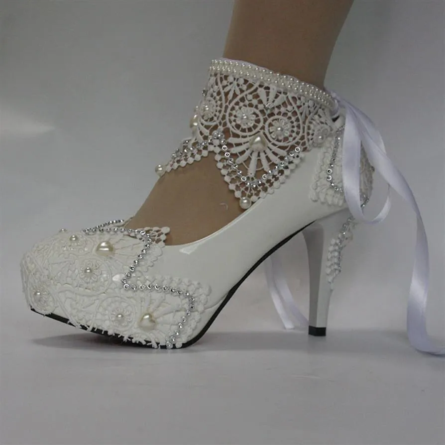 Women Lace Wedding Shoes Bridal Rhinestone Round Toe With Flower Genuine Leather Party prom ribbon 10cm Heel276c