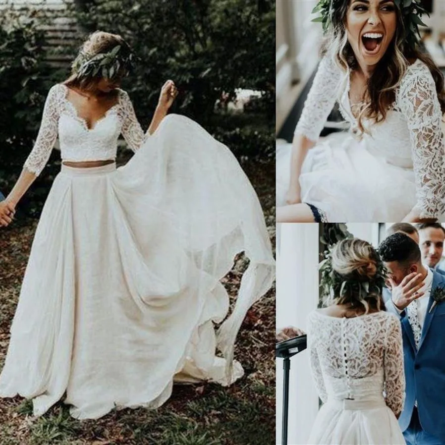 Duas Peças Vestidos de Noiva Meia Manga Vestidos de Noiva 2 Peças para Festa de Casamento294p