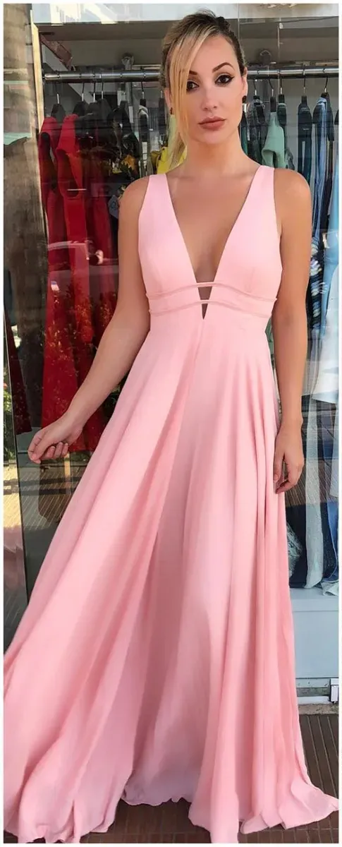 knee length dresses for ladies Charming Long Pink V-Neck Glitter Sleeveless Prom Dresses Long Slit Online