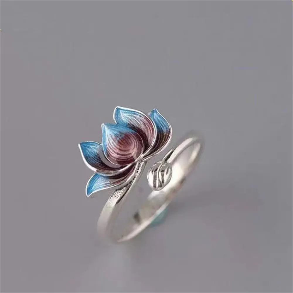 Vintage Silver Plated Blue Lotus Flower Rings For Men Women Boho Retro Gradient Adjustable Opening Finger Ring Buddhism Jewelry
