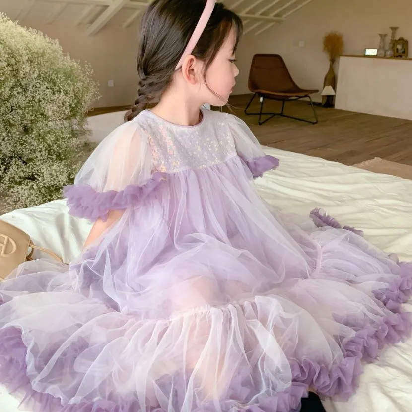 TuTu Gilr violet robe été nouveau à manches courtes paillettes Patchwork nœud robe enfants élégant maille robe enfants robe de soirée Wz697