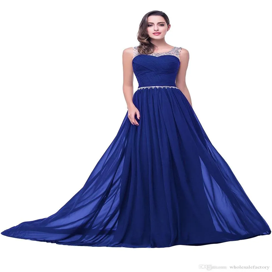 Royal Blue Chiffon Long Bridesmaid Dresses 2020 Beaded Crystals Sheer Neck Ruched Wedding Guest Evening Prom Dresses 100% Real Ima3052