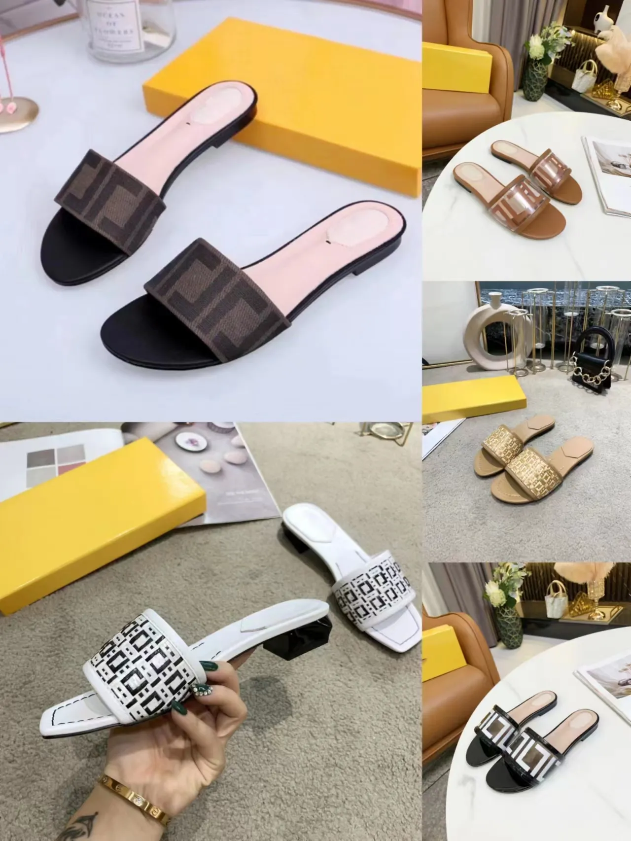 Zapatillas de diseñador Sandalias de mujer Cuero bordado Playa Zapatillas de lino marrón Caja y bolsa para el polvo Moda Tacones planos de mujer cómodos