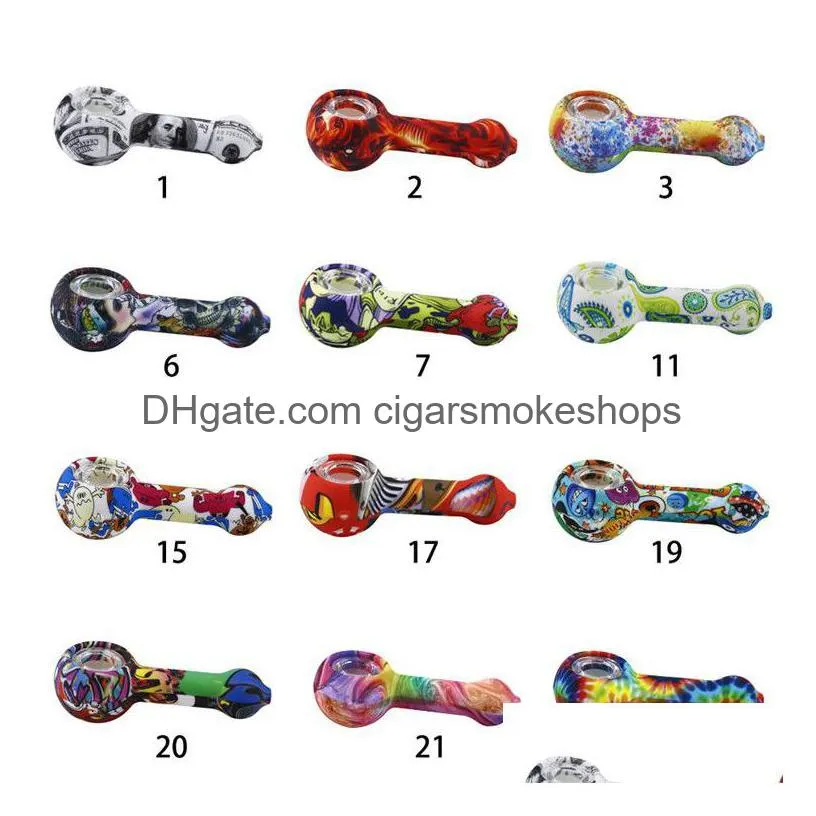 Cachimbos Acessório de Fumaça Cachimbo de Vidro Sil Mão Cor Aleatória Com Tigela Er Metal Colher Dab Rigs Ferramenta Vs Narguilé Bong Drop Delivery Dh8Dr