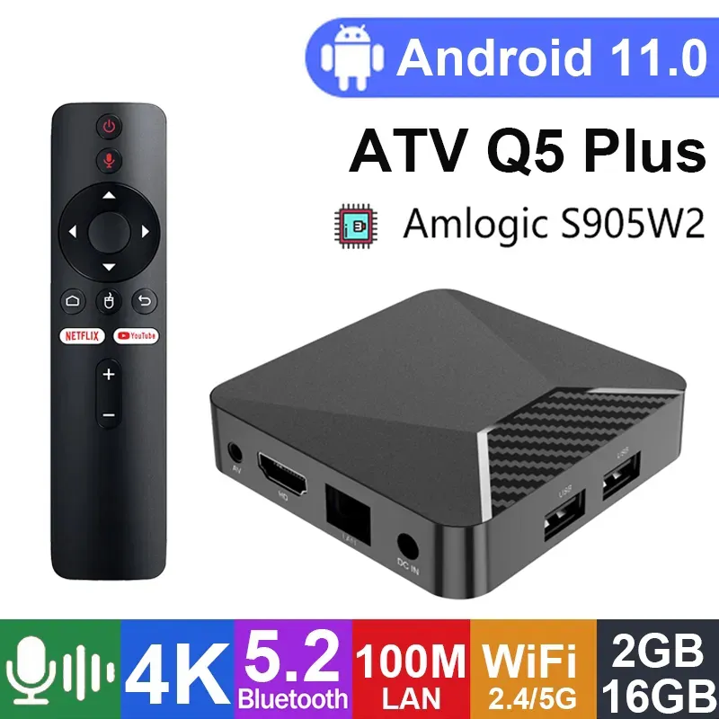 ATV Q5 Plus Box Android11.0 AMLOGIC S905W2 BT5.2 4K HDR 2.4G/5G WIFI STET SET TOP BOX Control Player 2GB 16GB