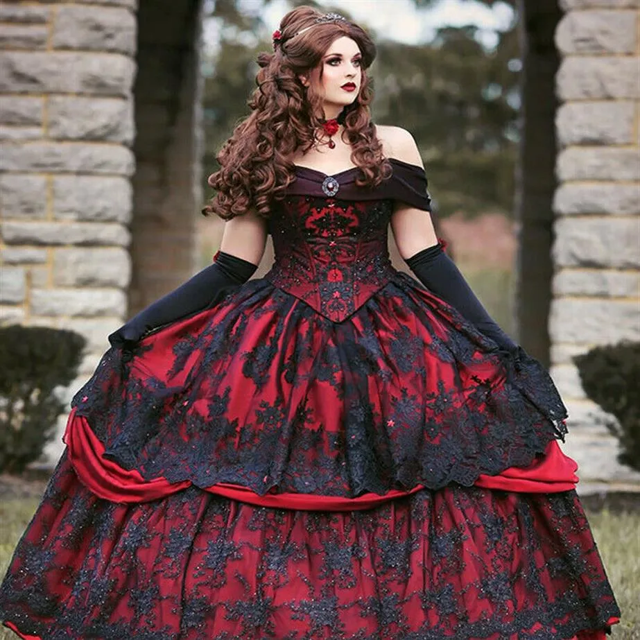 Rotes und schwarzes Schloss-Prinzessin-Hochzeitskleid, gotisches Vintage-Ballkleid, schulterfrei, mit Perlen verziert, Spitze, Brautkleider, Korsett-Rücken294l