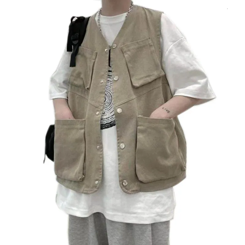 New Korean Men Cargo Vest Mens Fashion Tooling Vest Hip Hop Sleeveless Jacket Loose Casual Multi-Pocket Outdoors Spring Jacket