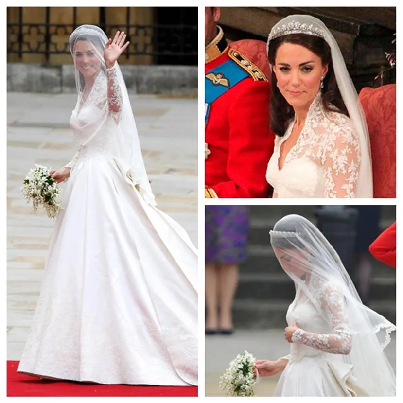 Kate Middleton Suknia ślubna Bridal Welle Koronka Koronka One Warstwa Vintage Akcesorium ślubne dla narzeczonych Kaplica Długość 150 cm Handma330p