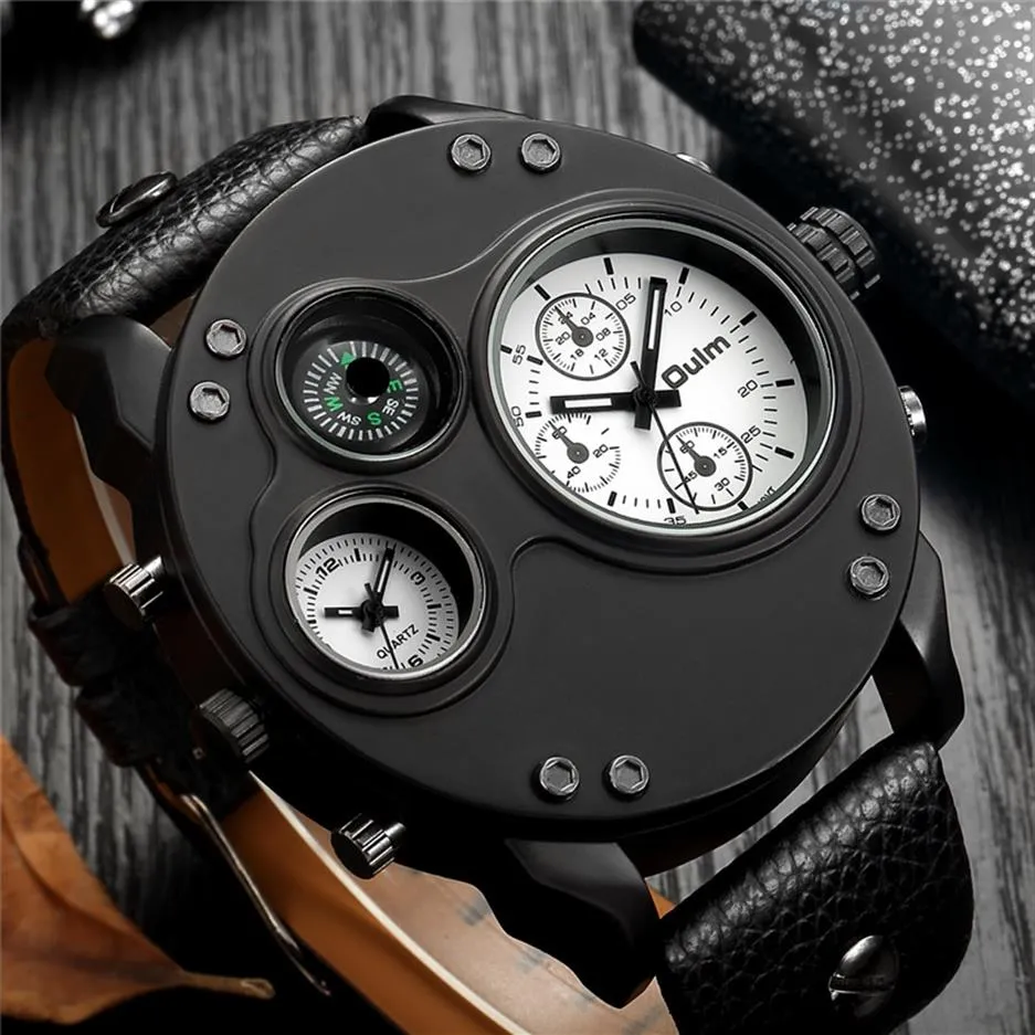Mężczyźni zegarki Oulm Men Sport Watches Dwie strefa czasowa Dekoracyjna kompas Male Kwarc Watch Relogio Masculino2346