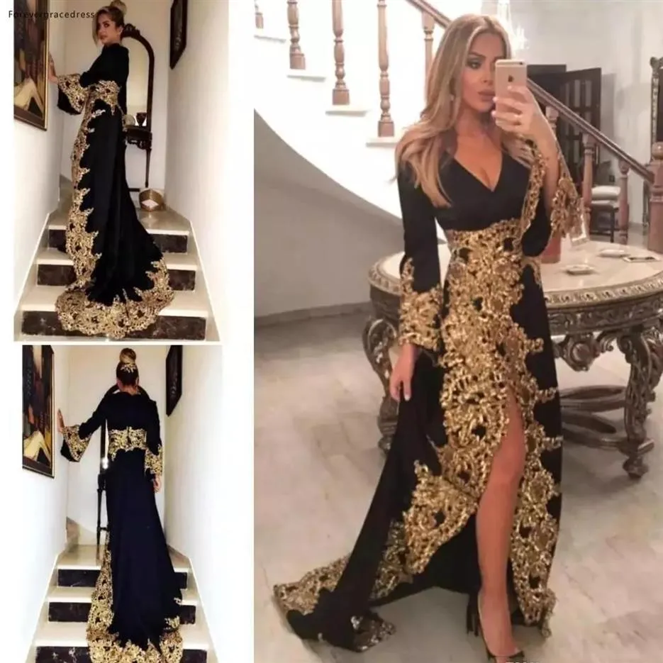 Abiti da sera a maniche lunghe con scollo a V nero 2021 Nuovo arrivo Appliques dorati Abiti da festa Abiti da ballo per feste formali Plus Size269g