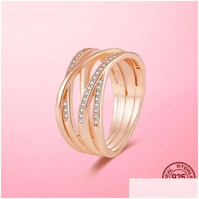 Anello solitario Marca 925 Sterling Sier Anelli d'oro Linee lucide scintillanti Rose Pave Matrimonio Fidanzamento Fai da te Gioielli originali per Wom Dhmxr