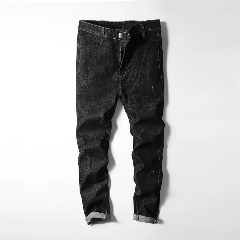 Jeans masculino jeans coreano ajuste regular pés retos jovens calças casuais tendência elástica