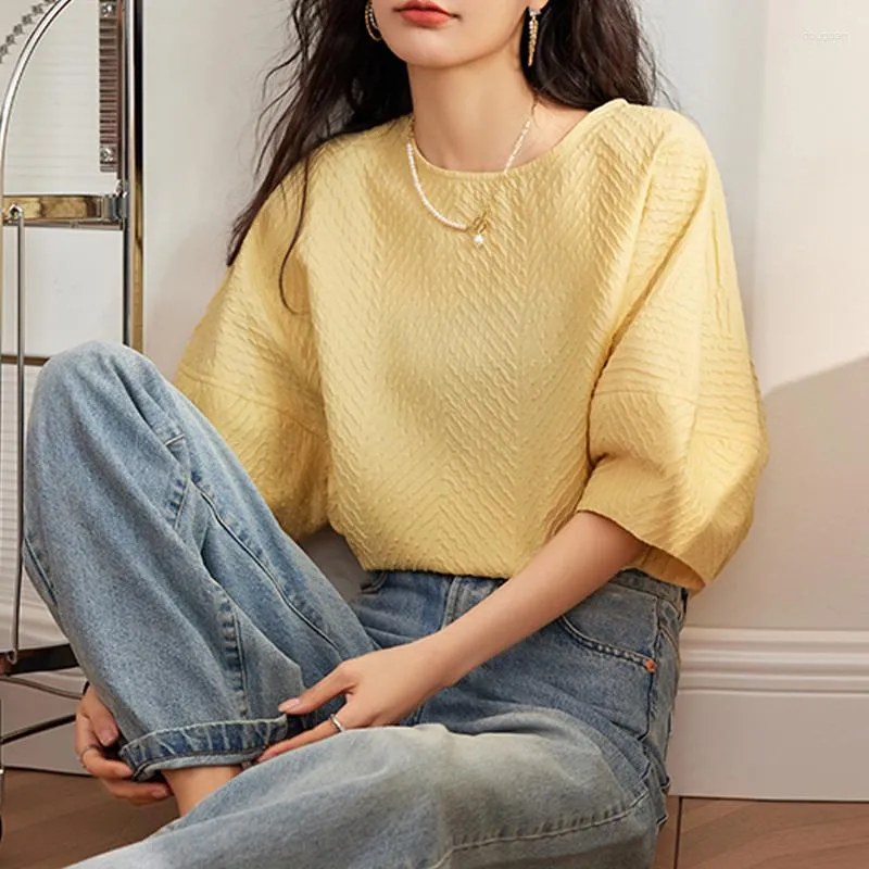 Women's Blouses Summer Fashion Solid Yellow Round Collar Women Tops Cotton Blouse Casual Short Lantern Sleeve Shirt Clothes Blusas 27743