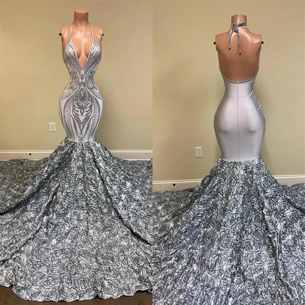 Echtes Bild Meerjungfrau Silber Abendkleider 2021 Halter Sparkly Spitze Pailletten 3D Rose Floral Langer Zug Rückenfrei Abendkleider234F