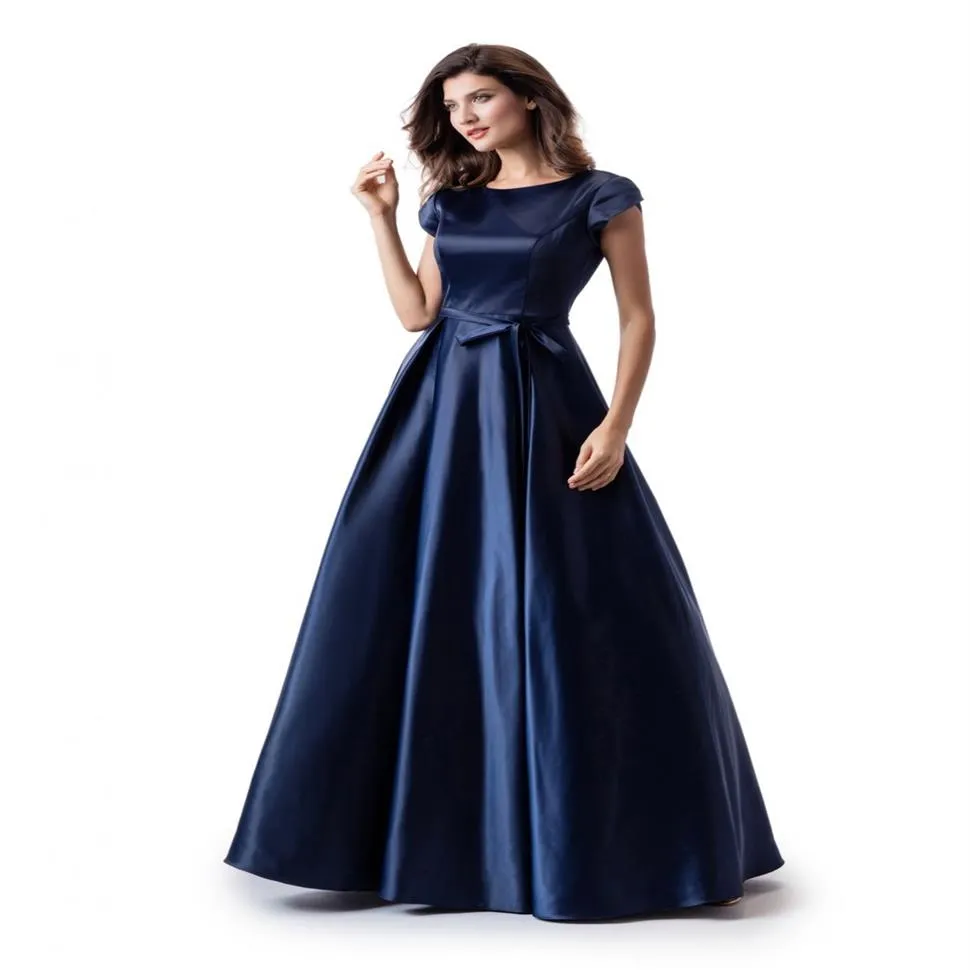 Bleu marine A-ligne longue robe de bal modeste avec mancherons Simple bijou cou étage longueur adolescents robe de soirée formelle Modest238n