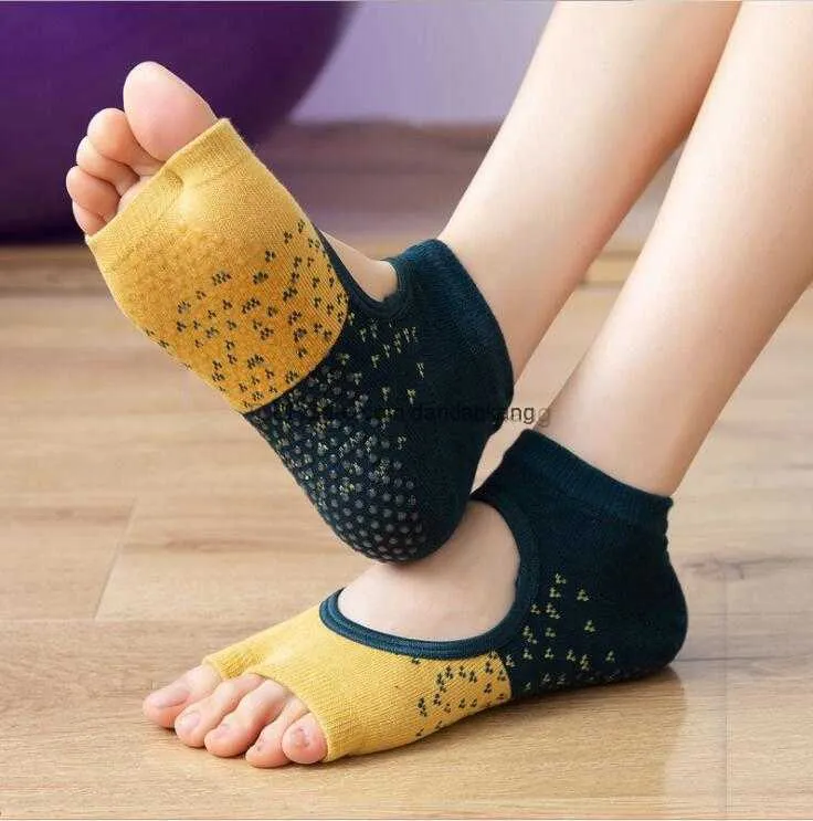 Färgglad Jacquard Peep Toe Yoga Pilates Socks Women Cotton Backless Silicone Anti-slip Open Toes Half-Fingers Gym Fitness Ballet Sport Sox Sock Slippers