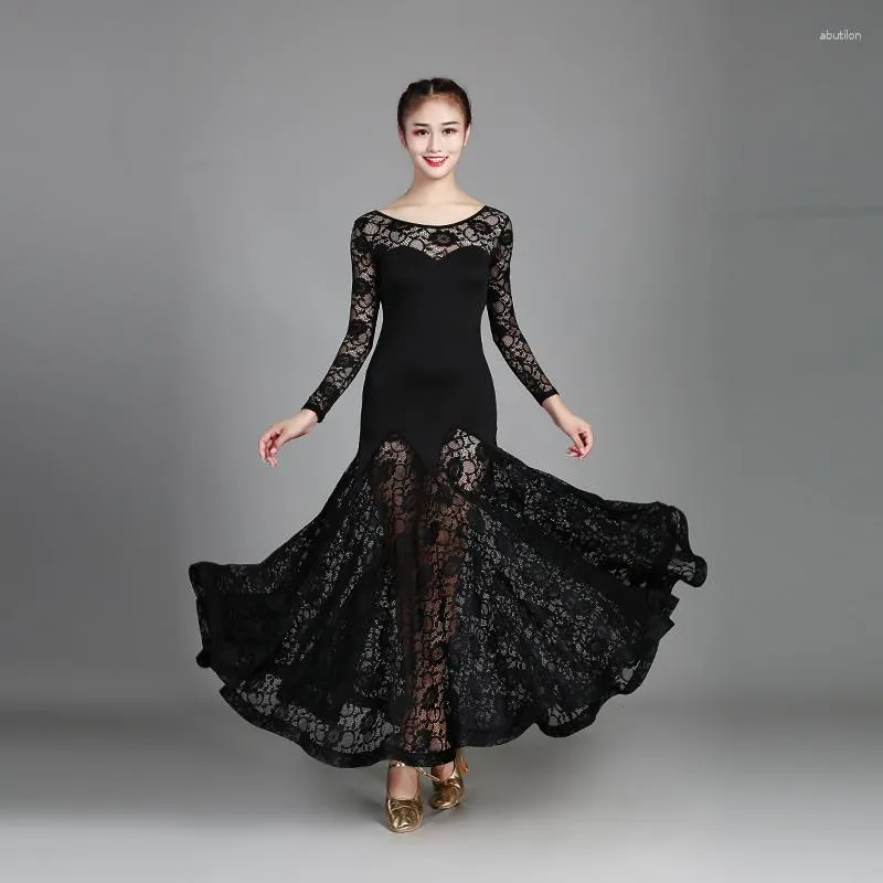 Stage Wear Black Adult Ballroom Dance Practice Clothes Dress Women Lace Waltz Big Swing Modern Costumes