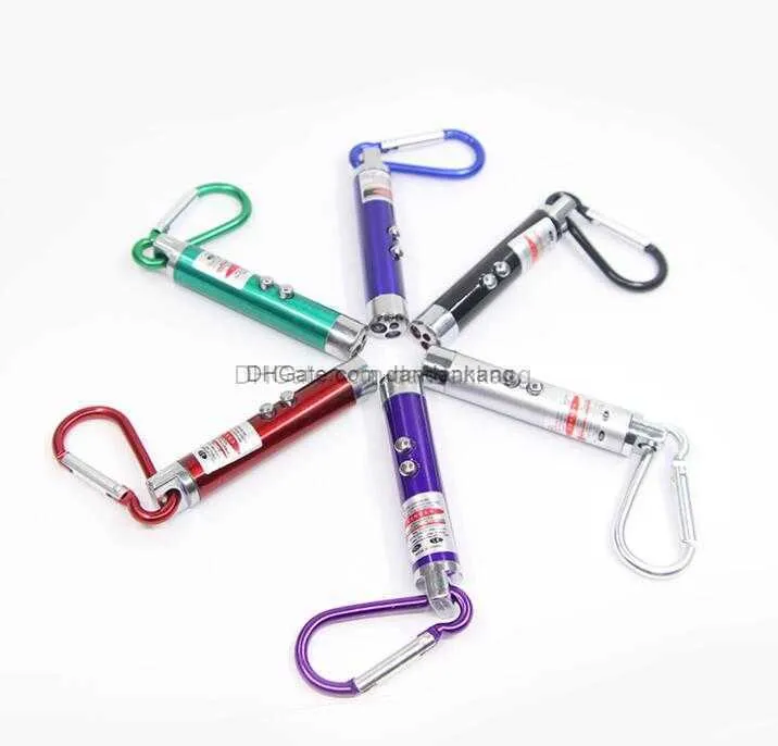 MINI 3 IN1 LED -ficklampa Aluminiumlegering Torch med karabiner Ring Keyring Camping Vandring Resande ficklampa Röd laserpekare Pen