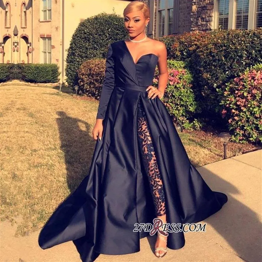 Formal Navy Lace Ball Gown Evening Dresses Beaded Sweetheart Sweep Train One Shoulder Prom High Quality Evening Gowns BC0282221H