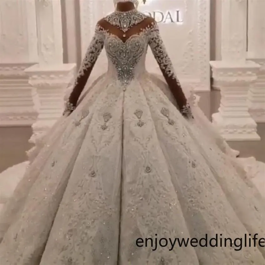 Luxurious Ball Gown Wedding Dresses 2022 Dubai Arabic High Neck Crystals Beaded 3D Lace Appliques Ruched Long Bridal Gowns Long Sl2297