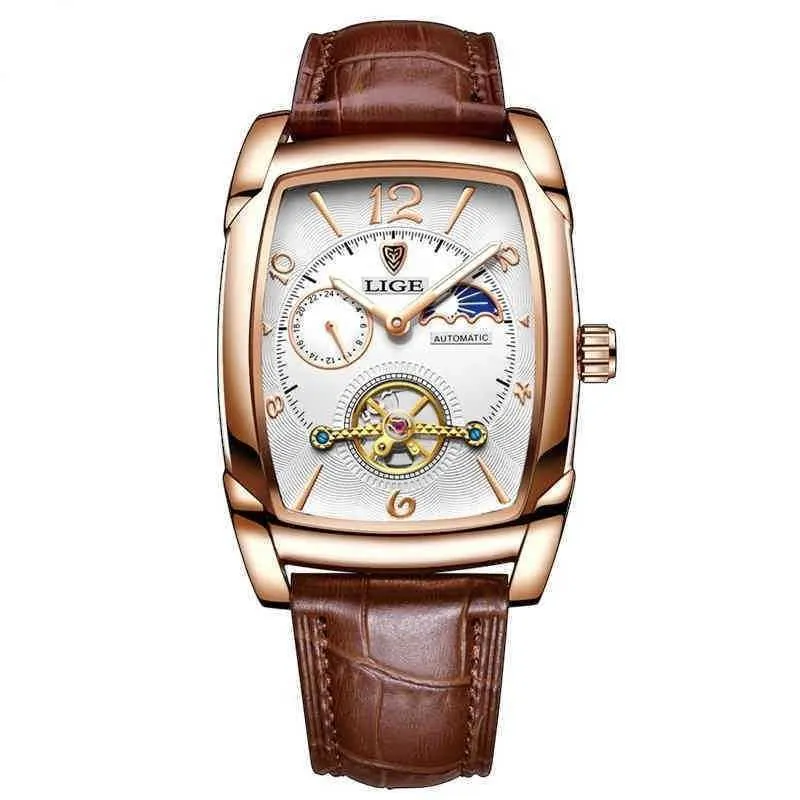 Armbandsur Top Brand Luxury Mens Watches Square Automatic For Men Clock äkta lädervattentät mekanisk 220708