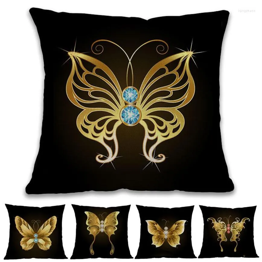 Pillow Black Background Diamond And Golden Butterflies Pattern Linen Throw Case Home Sofa Room Decorative Cover 45x45cm262e