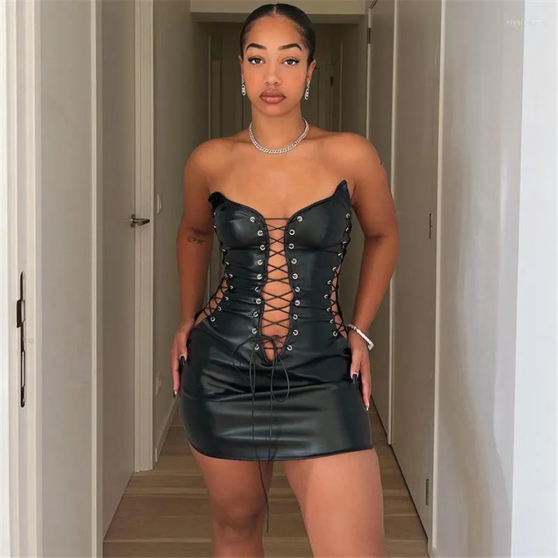 Casual Dresses Hollow Out Bandage Faux Leather Strapless Dress Harajuku Women Off Shoulder PU Eyelet Strap Gothic Bodycon