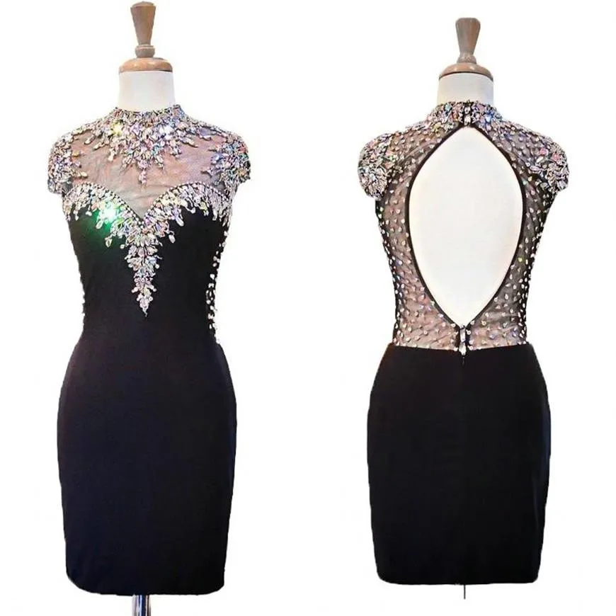 Sexy Black Short Fashion Evening Prom Dresses High Neck BlingBling Crystal Rhinestones Beaded Keyhole Formal Red Carpet Celebrity 281J