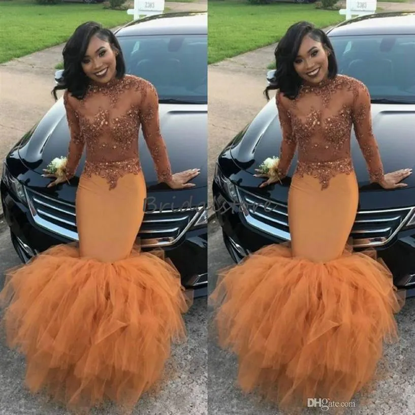 Dust Orange Mermaid Prom Dresses Black Girls Slay High Neck Long Sleeves See Though Top Beaded Tight Formal Evening Gowns Plus Siz243w
