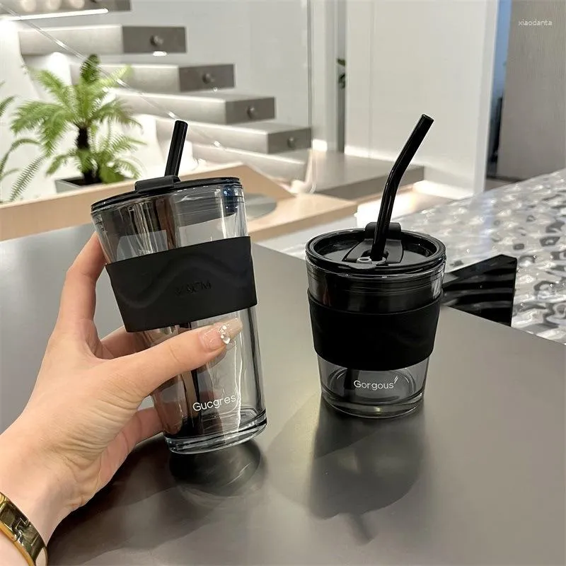 Mugs Heat Resistant Coffee Bubble Tea Cup Water Bottle Glass Mug Glasses With Lid And Straw Vaso Taza Cusps