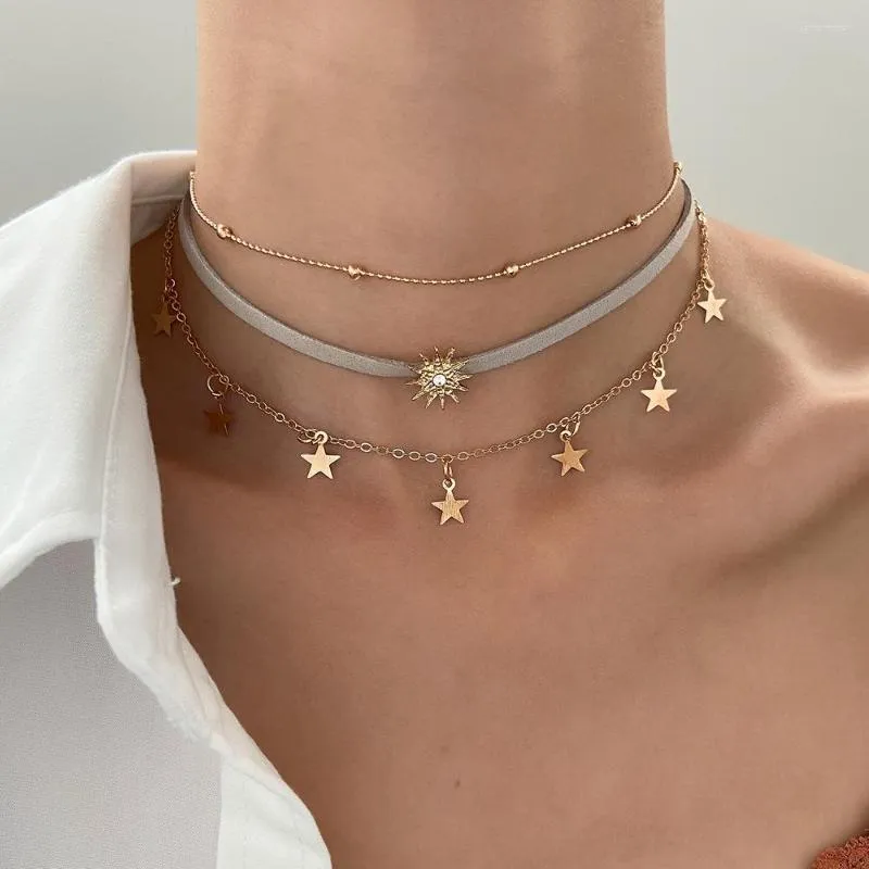 Choker Persönlichkeit Multilayer Stern Anhänger Legierung Hals Ketten Weiche Samt Sonne Halskette Für Frauen Boho Schmuck Sommer Urlaub