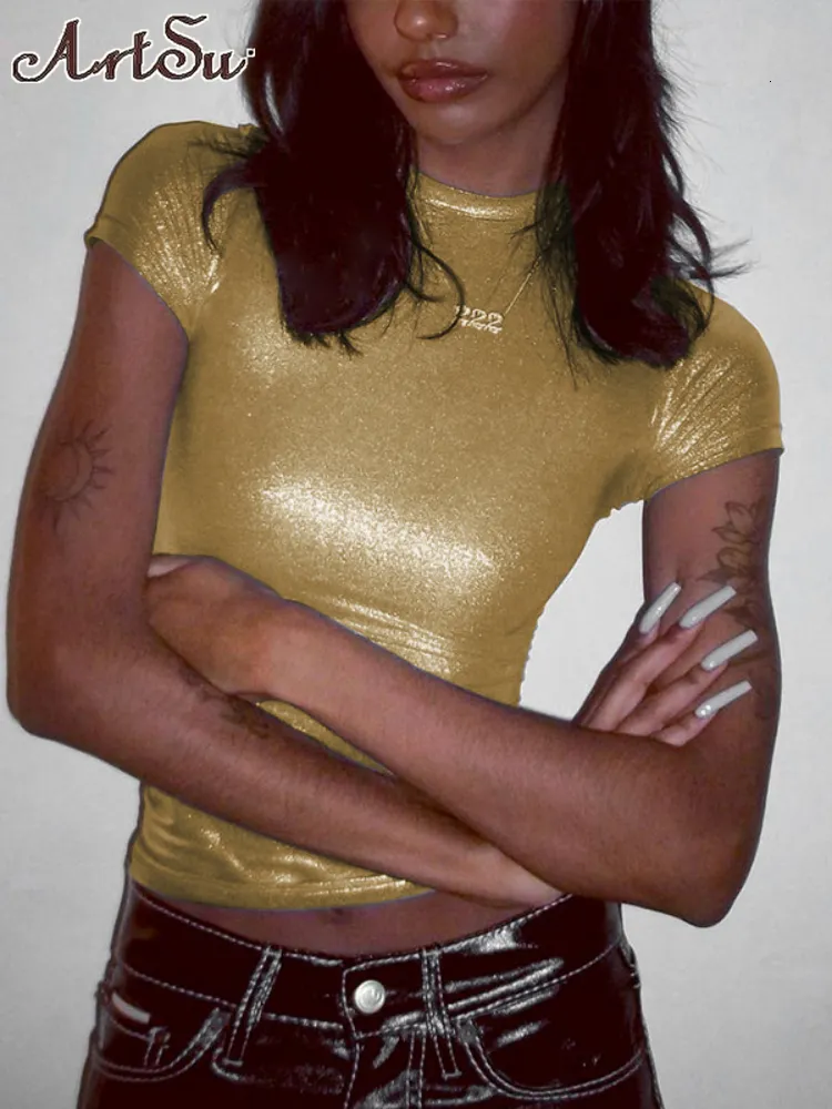 Crop Top Donna A Maniche Corte In Maglia A Costine - Vestibilità Slim, Girocollo, Colore Albicocca, Taglia XS, Tessuto Morbido Elastico 95% Poliestere 5% Elastan
