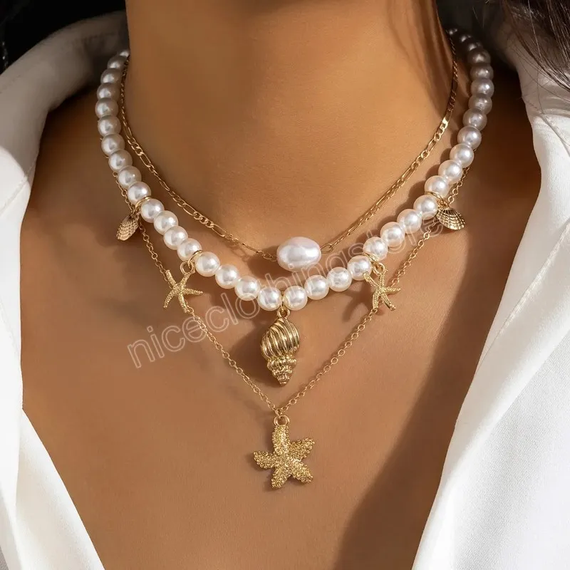 3 catene a strati con collane con pendenti a forma di stella marina/conchiglia per le donne Gioielli di moda con collare girocollo in perle d'imitazione alla moda