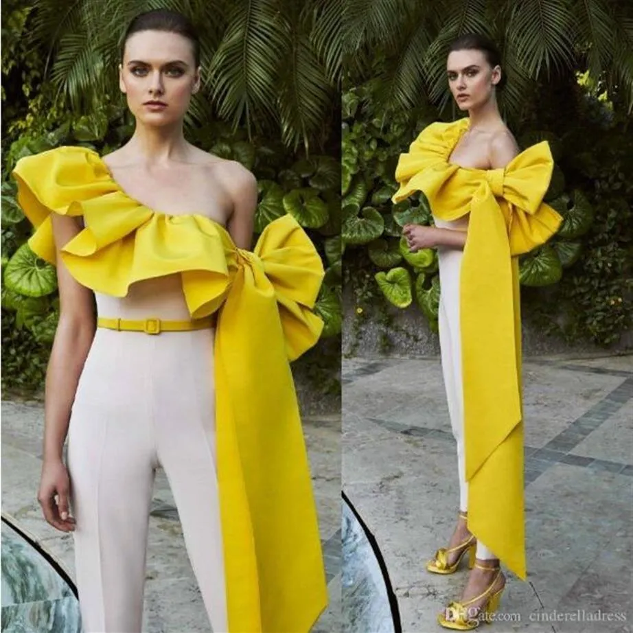 2020 Sexy Prom Dresses Ruffles One Shoulder Satin Jumpsuits Women Formal Wear Ankle Length Elegant Party Evening Dress WB2327