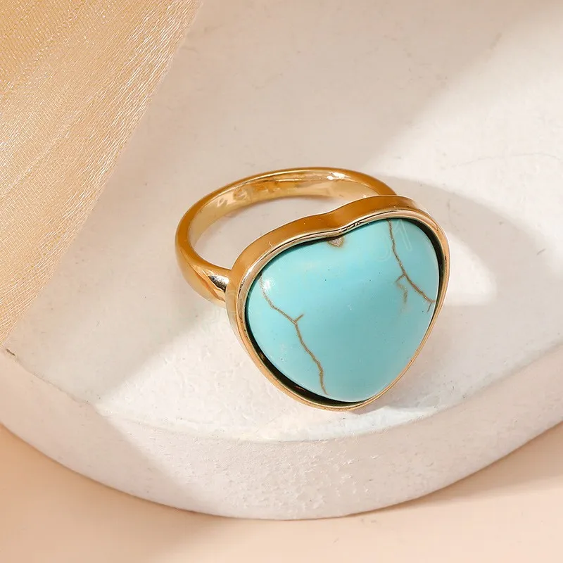 Vintage Gold Plated Heart Turquoises Rings for Women Bohemian Cute Blue Stone Hand Midi Finger Rings Party Jewelry Gift